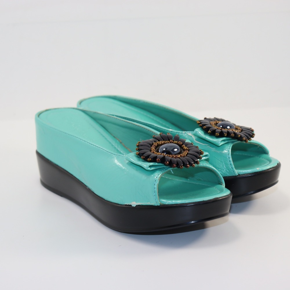 Helen's Heart Platform Slide Sandals Womens 9 Teal Floral Beaded Peep Toe Y2K